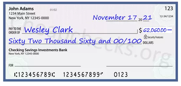 Sixty Two Thousand Sixty and 00/100 filled out on a check