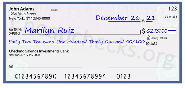 Sixty Two Thousand One Hundred Thirty One and 00/100 filled out on a check