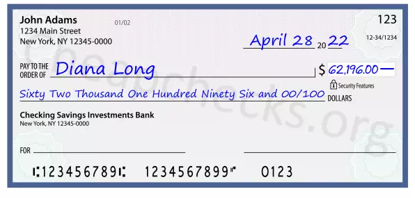 Sixty Two Thousand One Hundred Ninety Six and 00/100 filled out on a check