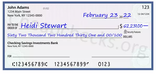 Sixty Two Thousand Two Hundred Thirty One and 00/100 filled out on a check