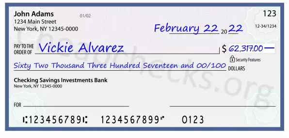 Sixty Two Thousand Three Hundred Seventeen and 00/100 filled out on a check