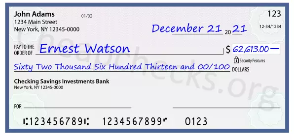 Sixty Two Thousand Six Hundred Thirteen and 00/100 filled out on a check