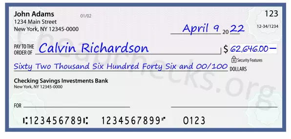 Sixty Two Thousand Six Hundred Forty Six and 00/100 filled out on a check