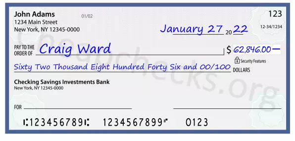 Sixty Two Thousand Eight Hundred Forty Six and 00/100 filled out on a check