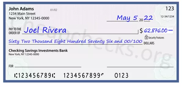 Sixty Two Thousand Eight Hundred Seventy Six and 00/100 filled out on a check