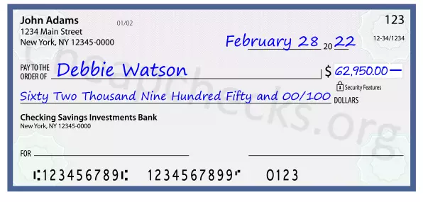 Sixty Two Thousand Nine Hundred Fifty and 00/100 filled out on a check