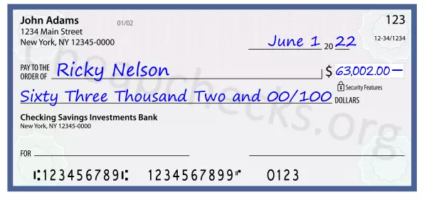 Sixty Three Thousand Two and 00/100 filled out on a check