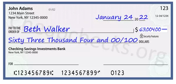 Sixty Three Thousand Four and 00/100 filled out on a check