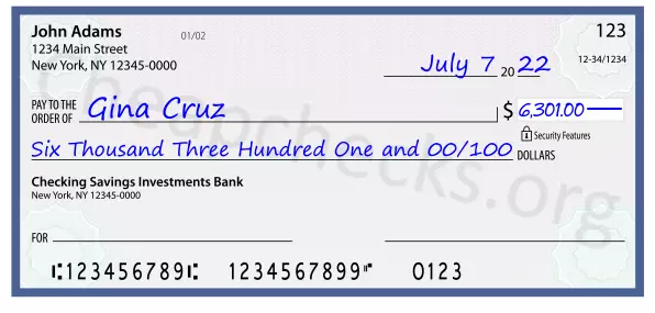 Six Thousand Three Hundred One and 00/100 filled out on a check