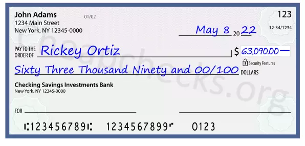 Sixty Three Thousand Ninety and 00/100 filled out on a check