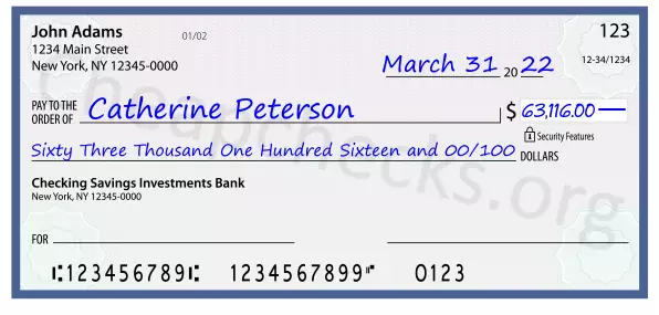 Sixty Three Thousand One Hundred Sixteen and 00/100 filled out on a check