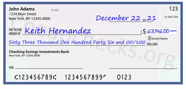 Sixty Three Thousand One Hundred Forty Six and 00/100 filled out on a check