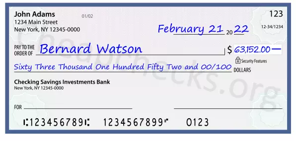 Sixty Three Thousand One Hundred Fifty Two and 00/100 filled out on a check