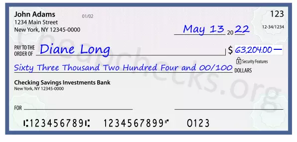 Sixty Three Thousand Two Hundred Four and 00/100 filled out on a check