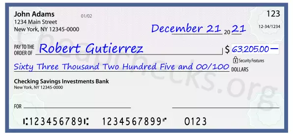 Sixty Three Thousand Two Hundred Five and 00/100 filled out on a check