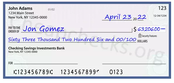 Sixty Three Thousand Two Hundred Six and 00/100 filled out on a check