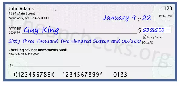 Sixty Three Thousand Two Hundred Sixteen and 00/100 filled out on a check