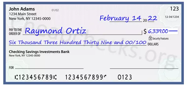 Six Thousand Three Hundred Thirty Nine and 00/100 filled out on a check