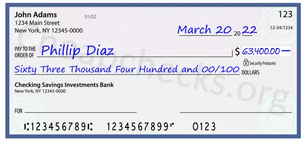 Sixty Three Thousand Four Hundred and 00/100 filled out on a check