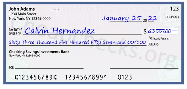 Sixty Three Thousand Five Hundred Fifty Seven and 00/100 filled out on a check