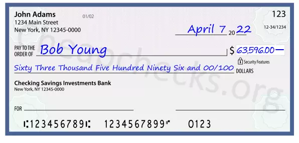 Sixty Three Thousand Five Hundred Ninety Six and 00/100 filled out on a check