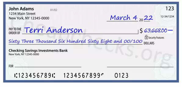 Sixty Three Thousand Six Hundred Sixty Eight and 00/100 filled out on a check