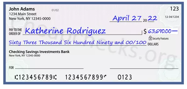 Sixty Three Thousand Six Hundred Ninety and 00/100 filled out on a check