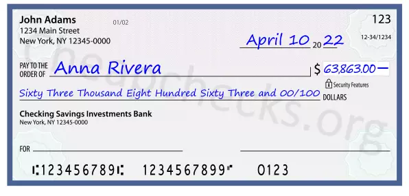 Sixty Three Thousand Eight Hundred Sixty Three and 00/100 filled out on a check