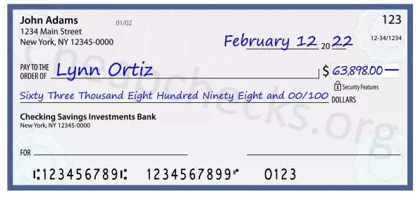 Sixty Three Thousand Eight Hundred Ninety Eight and 00/100 filled out on a check