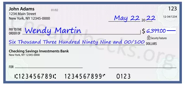 Six Thousand Three Hundred Ninety Nine and 00/100 filled out on a check