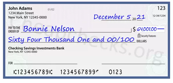 Sixty Four Thousand One and 00/100 filled out on a check