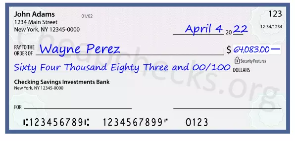 Sixty Four Thousand Eighty Three and 00/100 filled out on a check