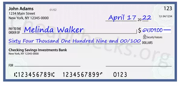 Sixty Four Thousand One Hundred Nine and 00/100 filled out on a check