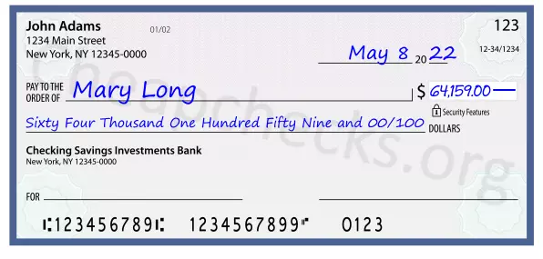 Sixty Four Thousand One Hundred Fifty Nine and 00/100 filled out on a check