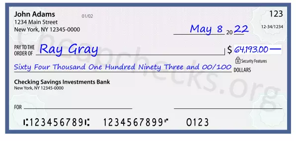 Sixty Four Thousand One Hundred Ninety Three and 00/100 filled out on a check