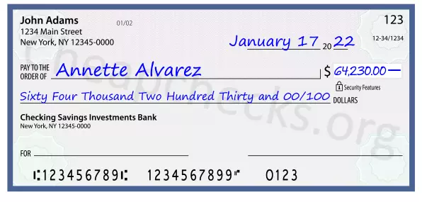 Sixty Four Thousand Two Hundred Thirty and 00/100 filled out on a check