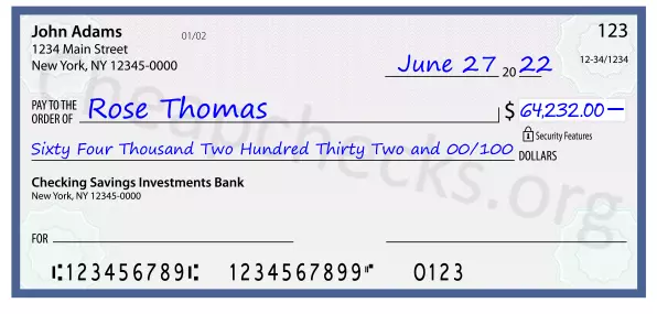 Sixty Four Thousand Two Hundred Thirty Two and 00/100 filled out on a check