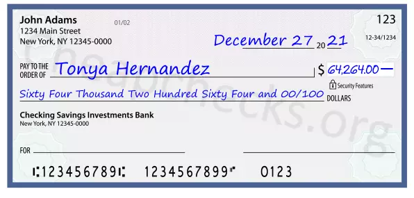 Sixty Four Thousand Two Hundred Sixty Four and 00/100 filled out on a check