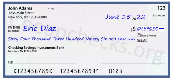 Sixty Four Thousand Three Hundred Ninety Six and 00/100 filled out on a check