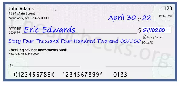 Sixty Four Thousand Four Hundred Two and 00/100 filled out on a check