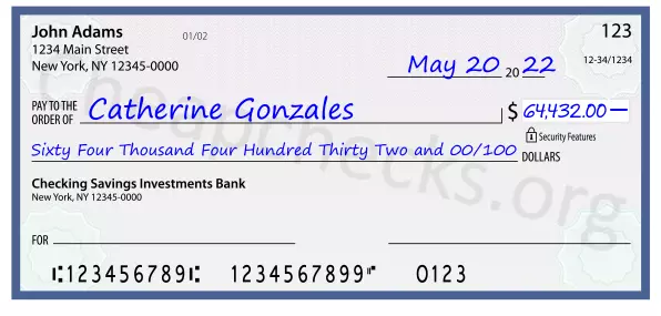 Sixty Four Thousand Four Hundred Thirty Two and 00/100 filled out on a check