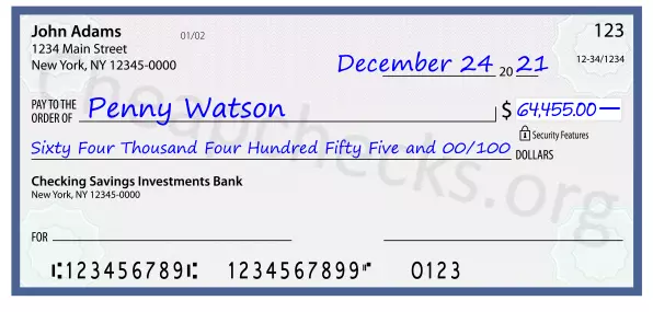 Sixty Four Thousand Four Hundred Fifty Five and 00/100 filled out on a check