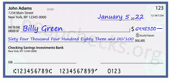 Sixty Four Thousand Four Hundred Eighty Three and 00/100 filled out on a check