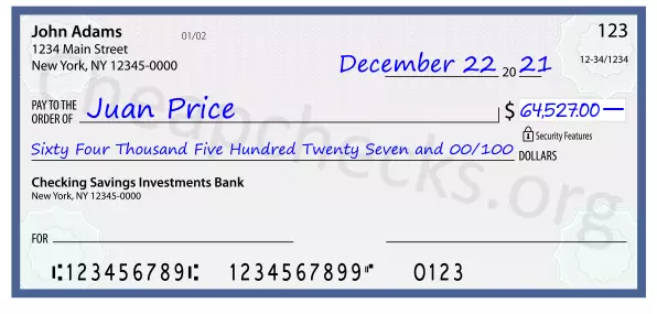 Sixty Four Thousand Five Hundred Twenty Seven and 00/100 filled out on a check