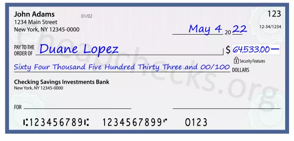 Sixty Four Thousand Five Hundred Thirty Three and 00/100 filled out on a check