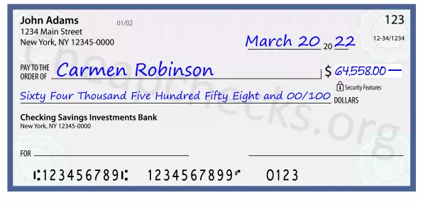 Sixty Four Thousand Five Hundred Fifty Eight and 00/100 filled out on a check