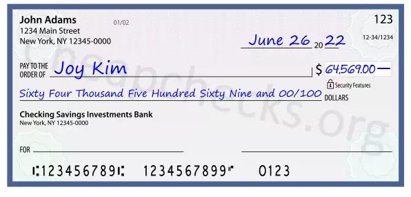 Sixty Four Thousand Five Hundred Sixty Nine and 00/100 filled out on a check