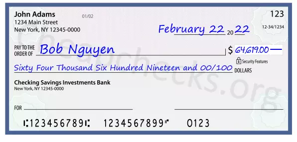 Sixty Four Thousand Six Hundred Nineteen and 00/100 filled out on a check