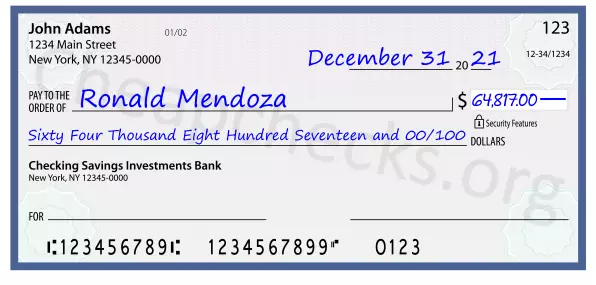 Sixty Four Thousand Eight Hundred Seventeen and 00/100 filled out on a check