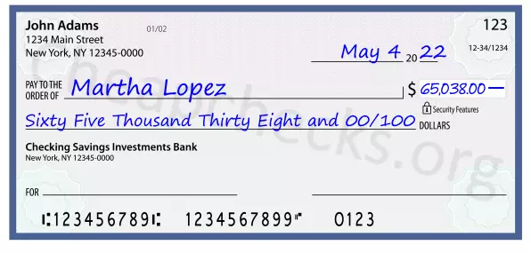 Sixty Five Thousand Thirty Eight and 00/100 filled out on a check